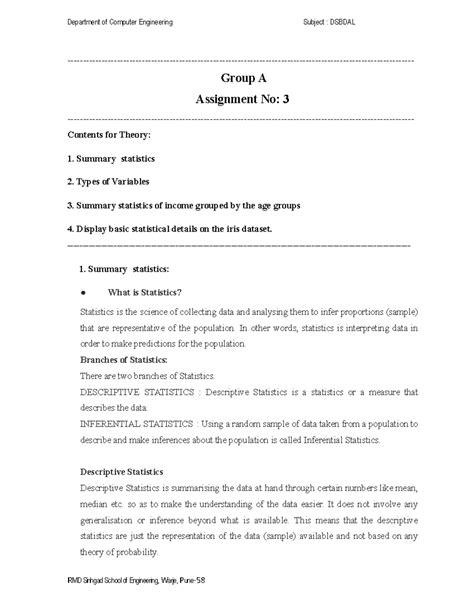 DSBDAL Assignment 3: Summary Statistics & Variable Types - Studocu