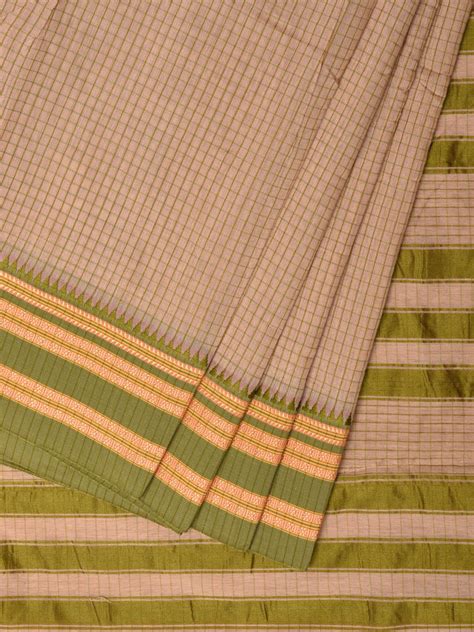 Cream and Green Bamboo Cotton Saree with Checks Design No Blouse bc026 ...
