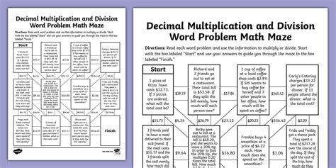 Sixth Grade Decimal Multiplication and Division Word Problem Math Maze