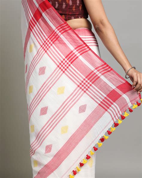 Buy Cream Red Handloom Jamdani Cotton Saree I ArtEastri – Arteastri