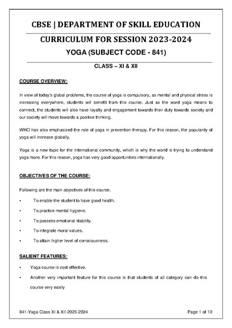 841-YOGA - Class 11 Yoga Curriculum for Session 2023-24 - Studocu