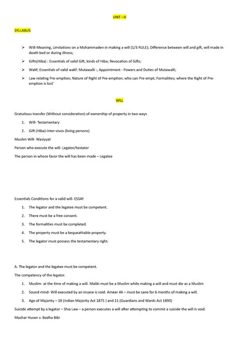 Family LAW II - UNIT III - Point Notes - UNIT – III SYLLABUS Will ...