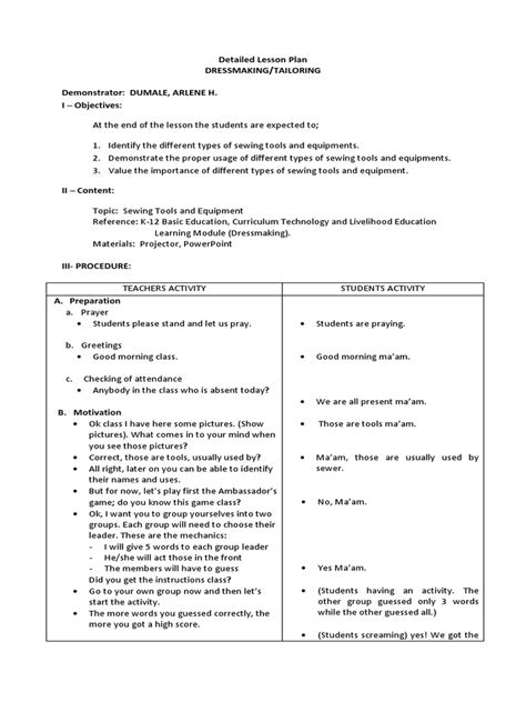 Image result for Sample Lesson Plan Dressmaking