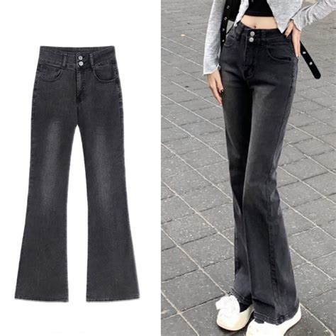 Aobny Jeans Women Denim Petite Black Jeans Slim Flare-Leg Girlfriend ...