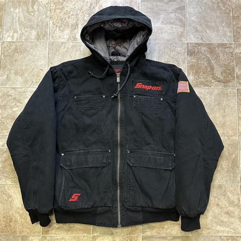 Snap On Tools Canvas Jacket Black Red Hooded Quilt... - Depop