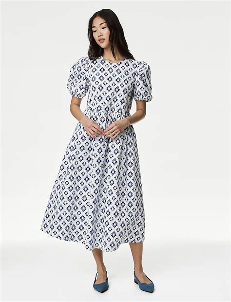 Buy Cotton Rich Printed Puff Sleeve Waisted Dress at Marks & Spencer