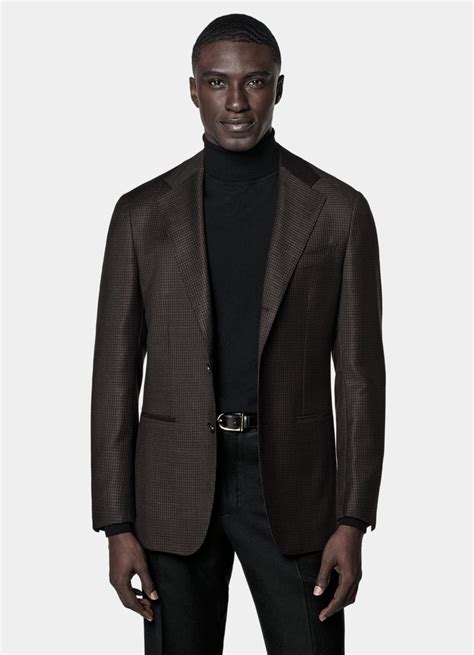 Dark Brown Houndstooth Tailored Fit Havana Blazer in Wool Mohair ...