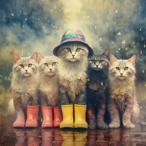 Whimsical Cats In Rain Art Print Free Stock Photo - Public Domain Pictures