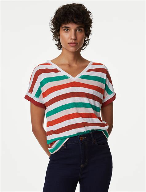 Buy Linen Rich Striped V-Neck T-Shirt at Marks & Spencer