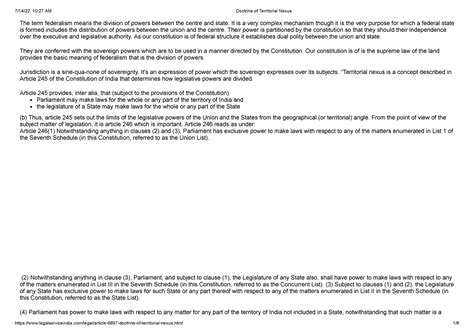 Doctrine of Territorial Nexus - The term federalism means the division ...