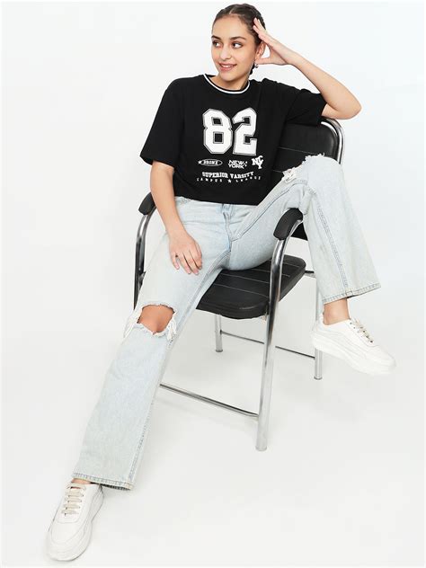 Buy Women Black Crop Graphic Tees | Kraus Jeans