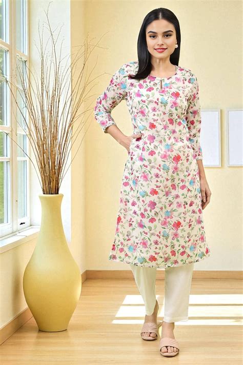 Off-White Straight Kurta in Multi-coloured Floral Print – wforwoman