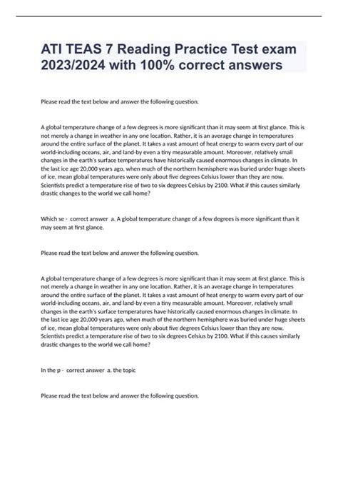 ATI TEAS 7 Reading Practice Test exam 2023/2024 with 100% correct ...