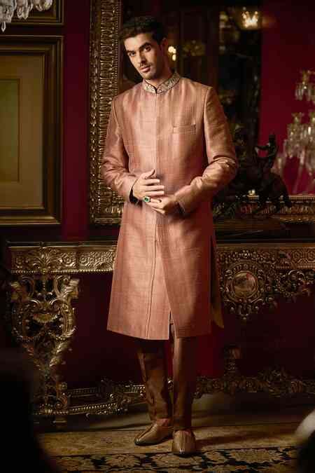 Buy Brown Sherwani Raw Silk Embroidered Thread And Zari Dori Mandarin ...
