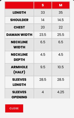 Sana size chart – Rupika Khanna