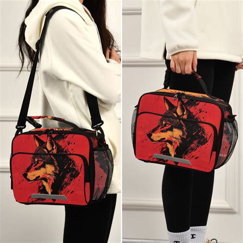 Wolf Face Red Lunch Bag Cooler Bag Cooling Tote Portable Shoulder Strap ...