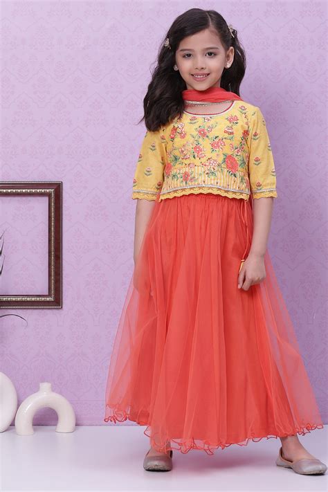 Yellow Orange Cotton Lycra Lehenga Set at Biba India
