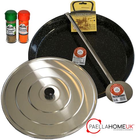 24cm - 80cm Professional Spanish Enamelled Paella Pan + Lid + Spoon ...