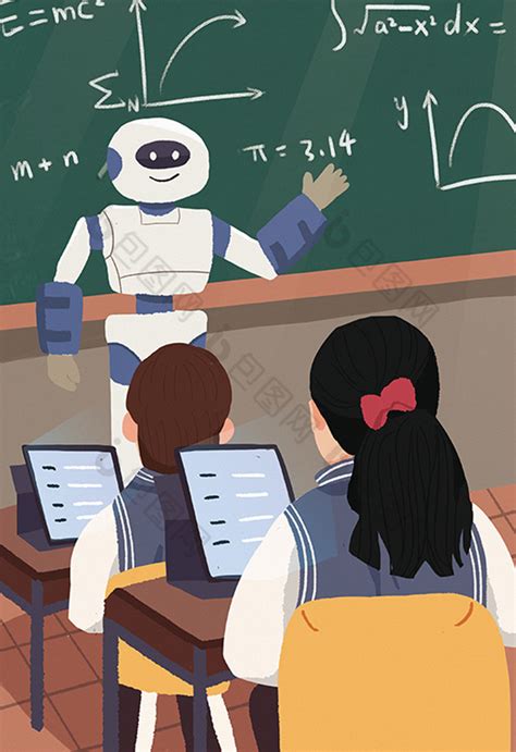 科技智能机器人教学上课人物教室插画图片-包图网