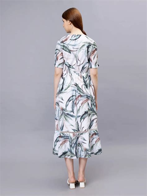 WOMEN'S ALLOVER TROPICAL PRINT PUFF SLEEVE A-LINE TUNIC COTTON BLEND D ...