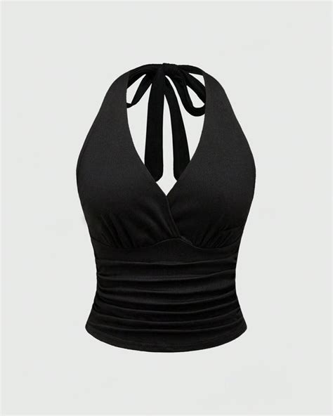 Halter Tie Waist Ruched Fitted Chic Glamour Black Tank Top – Littlebox ...