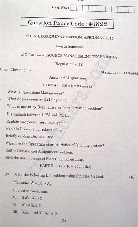MCA 4 MC7401 Resource Management Techniques Exam Paper - May 2015 - Studocu