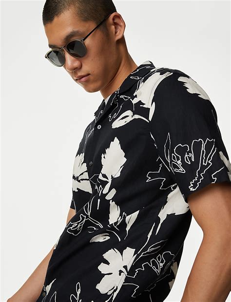 Buy Linen Rich Floral Cuban Collar Shirt at Marks & Spencer