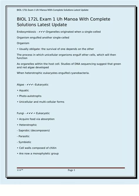 BIOL 172L Exam 1 Uh Manoa With Complete Solutions Latest Update - BIOL ...