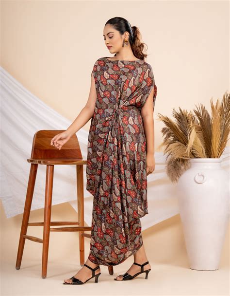 Women Paisely Printed Maroon Side Knot Cowl Assymetric Evening Gown Dr ...