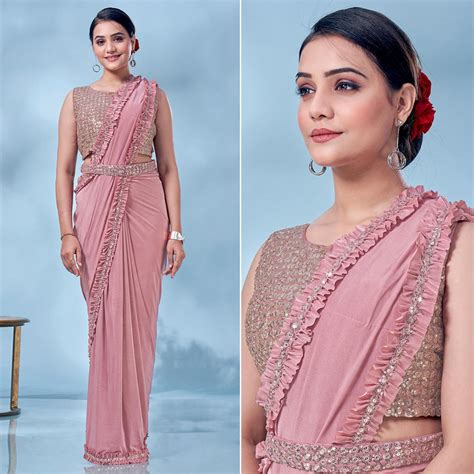 Pink Sequins Embroidered Ready to Wear Lycra Saree