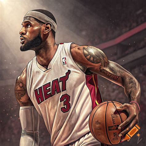 Stylized illustration of LeBron James in a Miami Heat jersey with a ...
