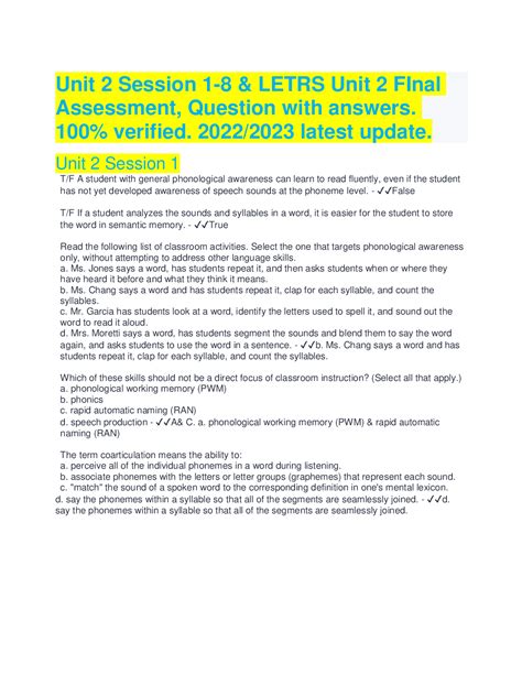 LETRS-Unit-2-Session 1-8 FInal Assessment| Question with answers. 100% ...