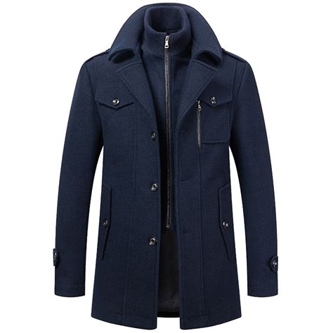 Mens Pea coat Men's Thermal Single Breasted Wool Blend Coat Business ...