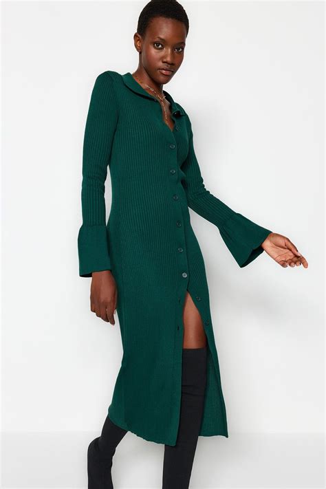 Trendyol Collection Polo Collar Emerald Green Maxi Knitwear Dress ...