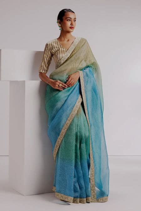 Buy Multi Color Silk, Satin, Ombre Textured Saree Set With Geometric ...