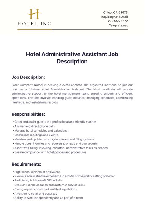 Free Hotel Administrative Assistant Job Description Template to Edit Online