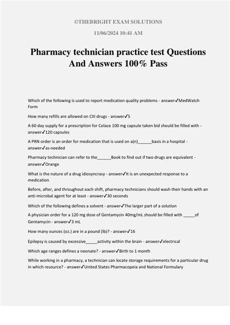 Pharmacy technician practice test Questions And Answers 100% Pass ...