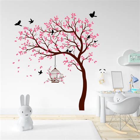 Rawpockets Tree with Birds and Cage Self Adhesive Wall Sticker (Pink ...