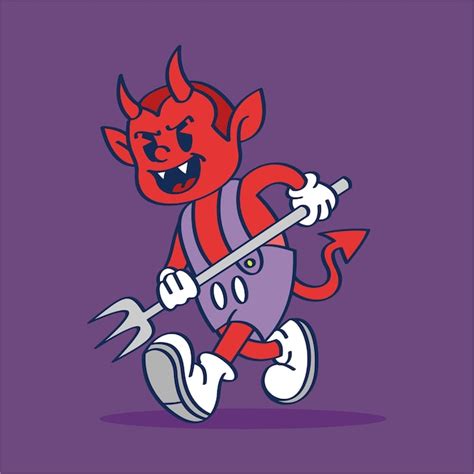 Cartoon character halloween little red devil with trident hand drawing ...