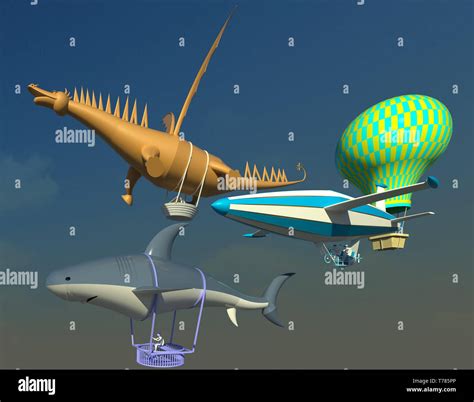 Air balloons competition 3D illustration. Various shapes and colors balloons racing in the sky ...