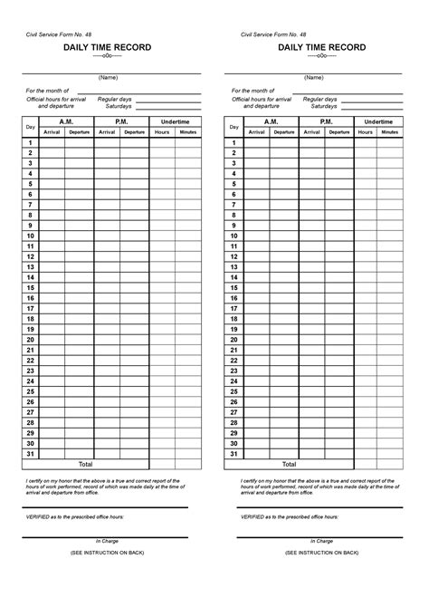 CSC Form 48 Daily Time Record DTR - Civil Service Form No. 48 DAILY ...