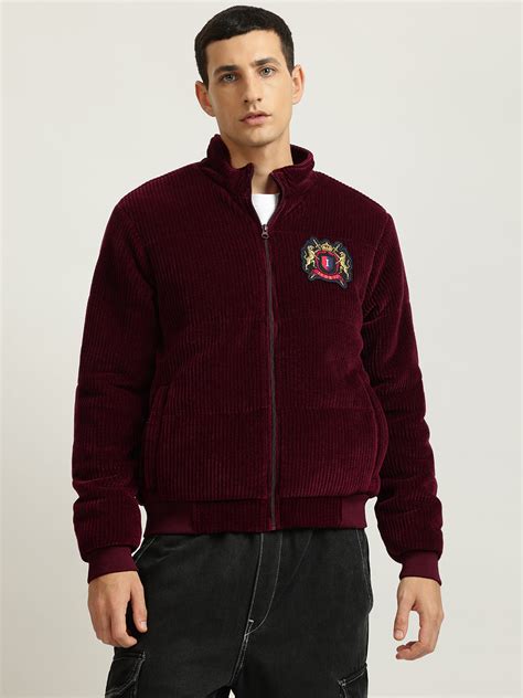 Shop Iconic Men Red Solid Stand Collar Full Sleeves Bomber Jacket ...