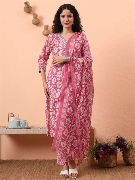 Lavender Pure Cotton Straight Floral,Kantha Work Kurta Pant Set – Yufta ...