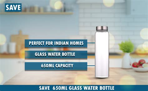 SAVE 650ml Glass Water Bottle | Wide Mouth | BPA Free | Leak Proof ...