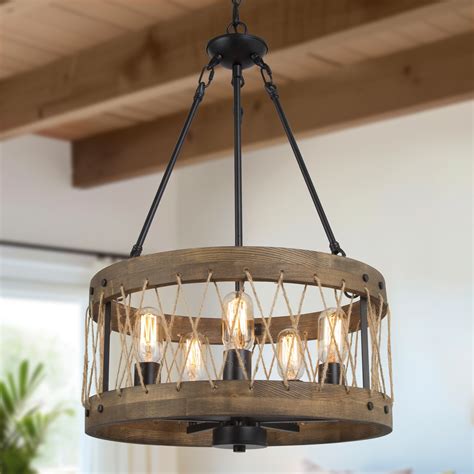 Modern Farmhouse 5-Light Wood Drum Chandelier for Dining Room - Brown ...