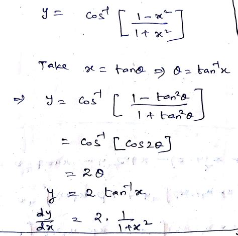 Find the derivative of cos⁻¹ 1-x²/1+x² w.r.t. sin⁻¹ 2x/1+x² - Brainly.in