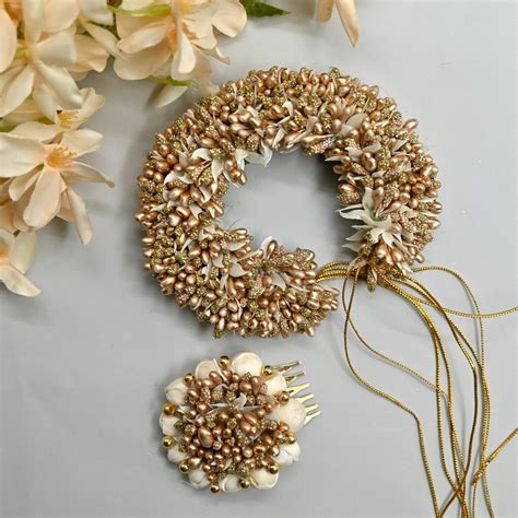 Handmade Pollen Bridal Veni with Jasmine Pollen Comb - Gold – Happy Pique