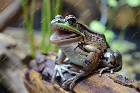 Premium Photo | Closeup of frog with mouth open on a log
