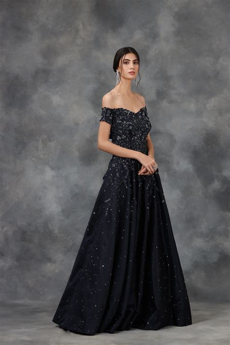 Midnight Blue 3D Flowers And Crystal Embellished Gown – Pooja Peshoria
