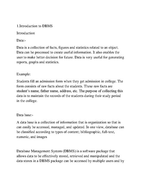 Dbms - DBMS notes - 1 to DBMS Introduction Data:- Data is a collection ...